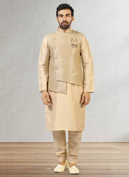 Gray Colour New Festive Wear Jacquard Banarasi Silk Digital Print Kurta Pajama With Jacket Mens Collection 1060